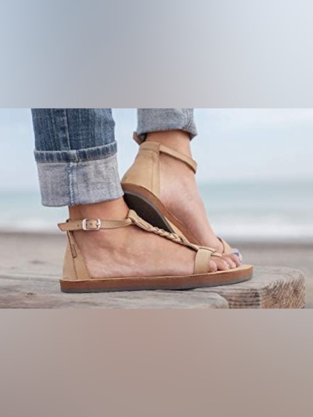 Rainbow Tan Braided T-Strap Sandals